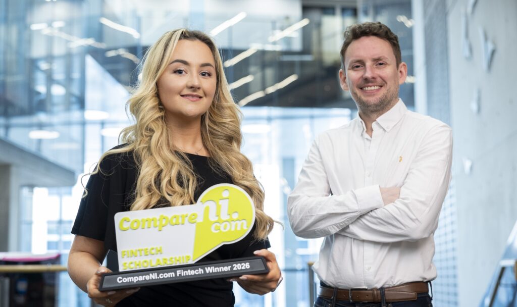 The CompareNI fintech scholarship winner for 2026 with Ian Wilson, Managing Director of CompareNI.com.